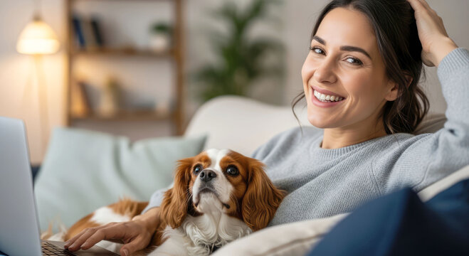 Smiling woman working laptop from home sitting on couch with her dog. Happy pet owner, remote work concept.