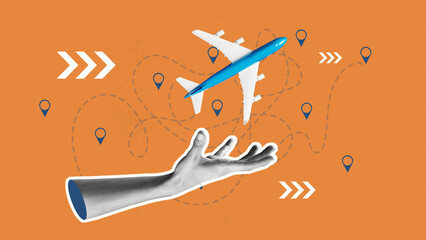 Travel plans with an airplane flying above a hand looking for destinations © fotofabrika