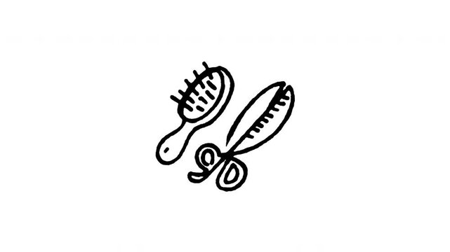 Animated 4K hairdresser tools doodle icon. White hand drawn line art on black and green screen backgrounds for hair brush mirror, salon styling tools, beauty parlor equipment video edits.