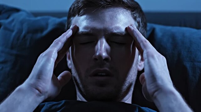 Man Experiencing Migraine Headache In Dark Room