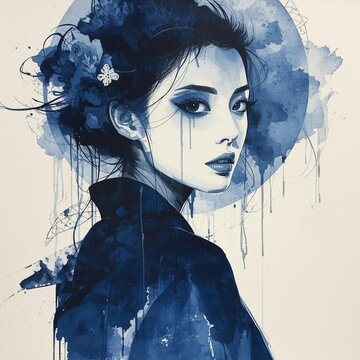 藍色の水彩で描かれた佇む女性
