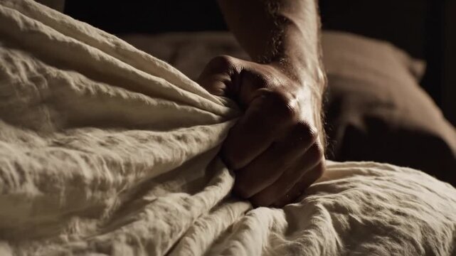 Intimate Human Hand Clenching Wrinkled Bed Sheet Close Up