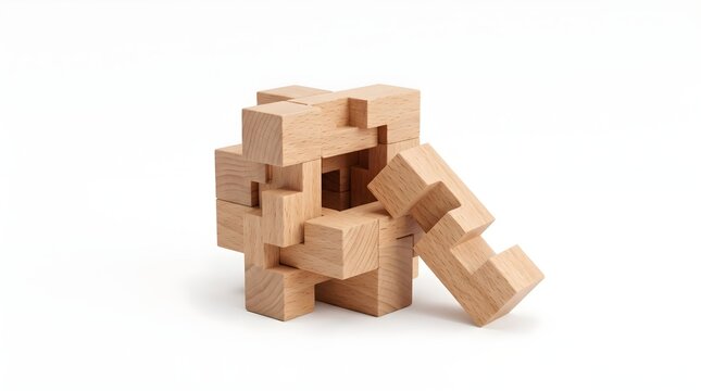 Wooden brain teaser puzzle isolated on white background, problem solving concept design