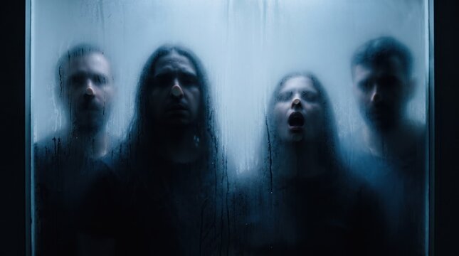 Eerie Apparitions: Four figures are obscured behind frosted glass, their expressions a mix of fear and desperation, creating an unsettling and mysterious atmosphere.