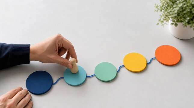 digital marketing strategy personalization. Hand placing a wooden figure on a colorful circular flowchart on a desk with a plant in the background.