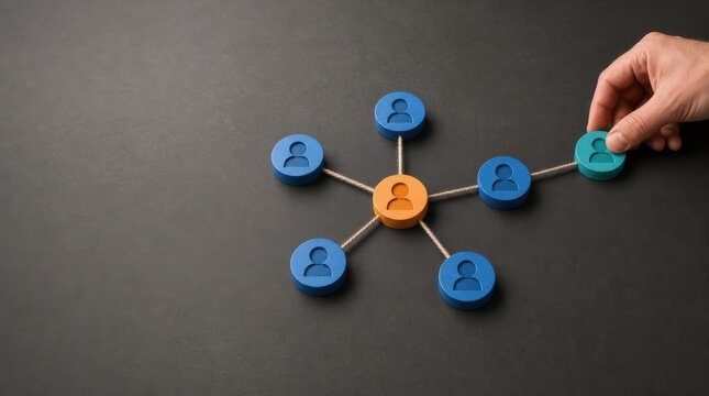 digital marketing strategy personalization. A hand connects a teal user icon to a network of blue and orange user icons representing social or business connections.