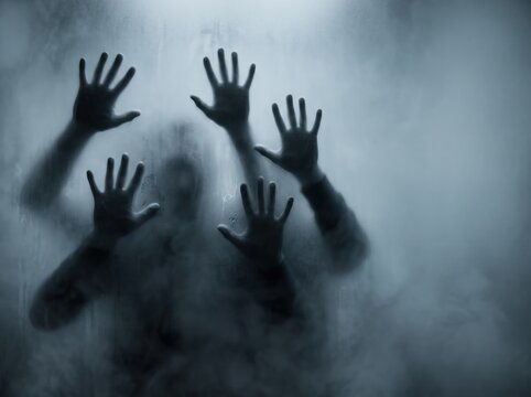 Trapped in Fog: Ethereal silhouettes of hands press against a frosted glass surface, veiled in a thick, ominous fog, creating a chilling sense of mystery and confinement.