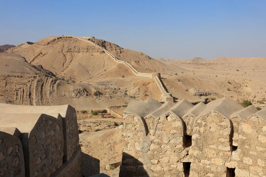 Ranikot Fort in Sindh, Pakistan, is a massive historic fortification surrounded by the rugged landscape of the Kirthar Mountains.  