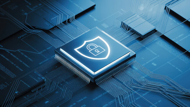 Digital security concept with a glowing shield icon on a computer processor chip.