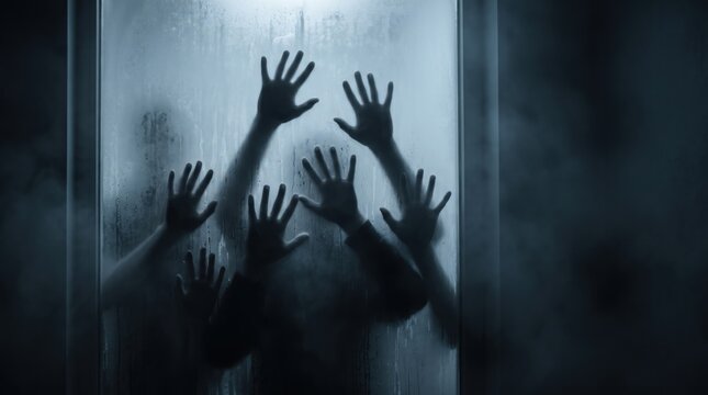 Trapped in the Mist: Silhouetted figures press against a frosted glass, their hands reaching out from a smoky, ethereal abyss, creating a chilling tableau of suspense and isolation.