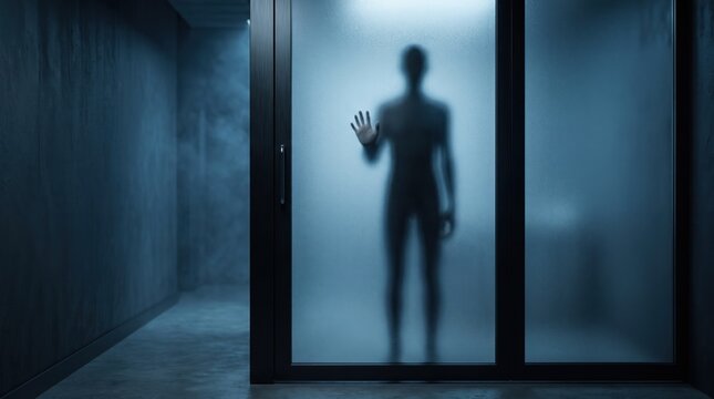 A Mysterious Figure Behind Frosted Glass: A silhouetted figure stands behind frosted glass doors, their presence veiled in an aura of mystery and suspense, creating a scene of intrigue.