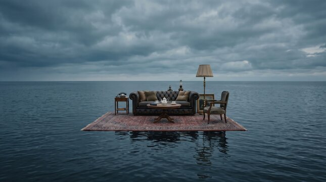 Oceanic Isolation: A surreal scene depicts a living room setup on a small island in the middle of a vast, turbulent ocean, under a dramatic, cloudy sky. A testament to solitude and introspection.