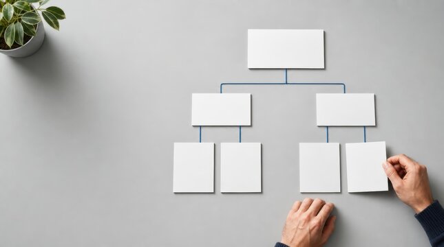 digital marketing strategy personalization. Blank organizational chart with a person&rsquo;s hands arranging empty hierarchical rectangles on a gray surface.