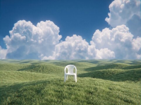 Lone Chair on Rolling Hills: A solitary white plastic chair sits on a gentle green hill under a vast expanse of blue sky dotted with fluffy white clouds, creating a surreal and serene landscape.