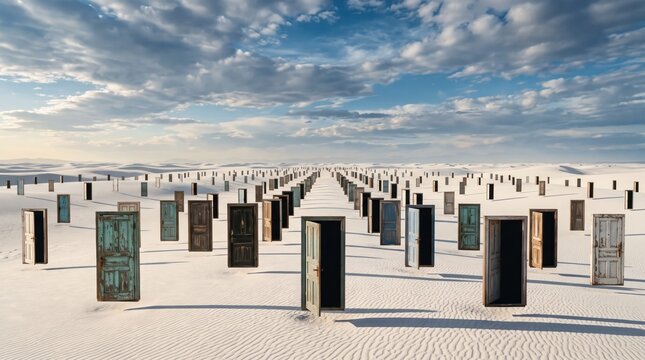 Infinite Doors to Opportunity: A surreal landscape unfolds with countless doors stretching into the horizon, inviting exploration and choice, under a vast sky filled with dramatic clouds.