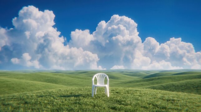 The Solitary Chair: A stark white plastic chair stands alone on a vast, rolling green field under a dramatic sky filled with colossal white clouds. A serene and slightly surreal landscape.