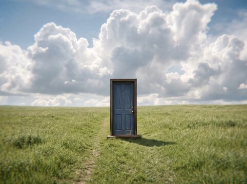A solitary blue door stands open in the middle of a vast, grassy field under a dramatic sky filled with white clouds. The scene evokes a sense of mystery and possibility.