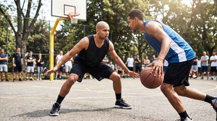 Fototapeta premium Two athletic basketball players competing intensely during a one-on-one game on an outdoor asphalt court surrounded by chain-link fences.