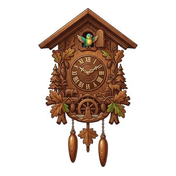 Ornate hand-carved wooden cuckoo clock with a bird, forest animals, and oak leaf decorations isolated on white