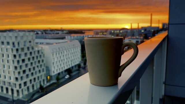 Coffee Mug on Balcony Railing at Vivid City Sunset