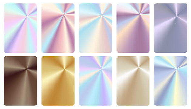 A collection of metallic radial gradients with polished steel, gold, silver, copper, and mother-of-pearl finishes,vector holographic textures in rectangular frames for business card templates,shiny bg
