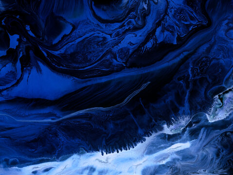 Abstract creative blue hand painted background, fluid art, marble texture