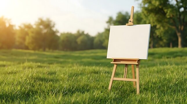 A blank white canvas on a wooden easle standing in a lush green meadow during a beautiful golden hour sunset for creative art concept and copy space