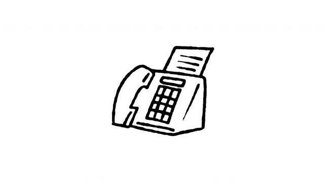4K animated fax machine doodle icon with boiling line movement. Frame by frame line art on black and green screen chroma key background for telecommunication, paper print, office technology.