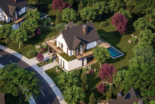 3d rendering of contemporary architectural luxury house exterior. Modern Scandinavian style family home with a white plaster walls, dark roof, and beautiful garden on a bright sunny day