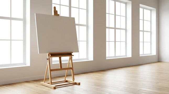 A wooden easel with a blank white canvas stands in a bright minimalist art studio for an easle class prompt engineer course with natural window lighting.