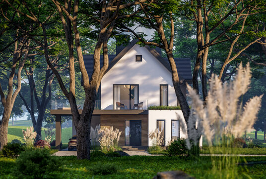 3d rendering of contemporary architectural luxury house exterior. Modern Scandinavian style family home with a white plaster walls, dark roof, and beautiful garden on a bright sunny day