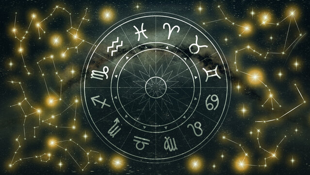 Astrology zodiac signs with constellations and celestial background in a starry sky