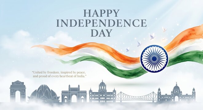 Happy independence day greeting card featuring a watercolor indian flag, the ashoka chakra, and silhouettes of iconic indian landmarks against a cloudy blue sky background