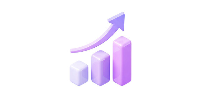 3D purple bar chart growing upward with rising arrow on top isolated on transparent background
