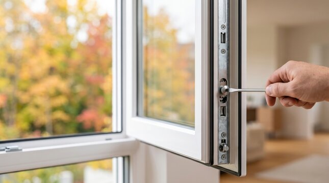 Close-up of a hand adjusting the hardware of a tilt and turn PVC window with a flat-head screwdriver. Seasonal winter mode adjustment, window maintenance, energy efficiency and home insulation