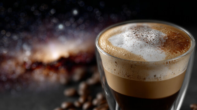 Delightful glass of layered coffee with creamy foam sits against mesmerizing galaxy background, evoking dreamy, cosmic, and inviting sensation. Scattered coffee beans complete warm scene