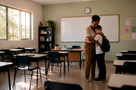 September Yellow Awareness, Black Female Teacher Comforting Young Student with a Supportive Hug in Classroom