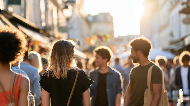 Diverse group of young friends enjoying a sunny afternoon stroll through the festive and bustling atmosphere of the Fete des Vendanges street fair