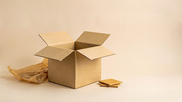 Open cardboard box with packing paper and shipping label on a light background