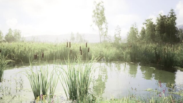 Misty marsh sunrise with reeds and dew, soft highkey light bathing reflective surface, subtle horizon silhouettes and serene mood ideal for digital detox
