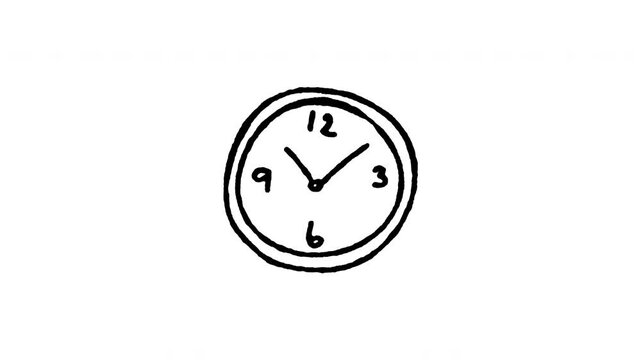 Hand drawn 4K office wall clock doodle animation with boiling line motion. Frame by frame outline on black and green screen backgrounds, perfect for time clock, hour minute, schedule indicator.