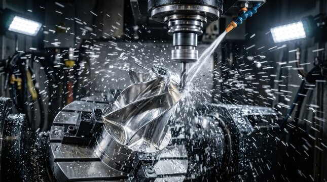 Industrial CNC milling machine precision cutting metal turbine part with coolant spray in automated factory workshop