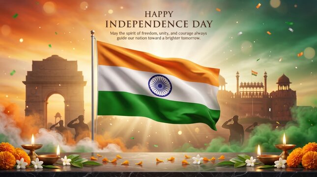 Indian independence day celebration background, featuring the national, tricolor flag, silhouettes, of india gate, and red fort, glowing oil lamps, and marigold flowers, under a sunrise sky