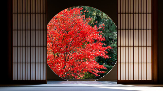 和室と丸窓から見える紅葉が美しく切り取られた秋の和風な景観