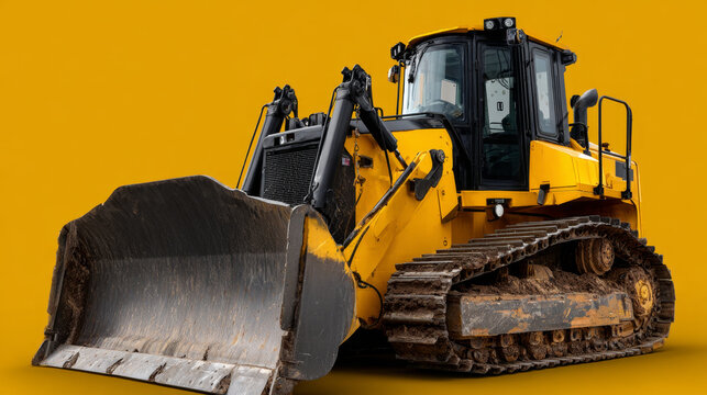 Powerful yellow bulldozer, robust heavy equipment and industrial vehicle, appears ready for massive earthmoving. rugged construction machine, isolated yellow background, conveys immense mechanical