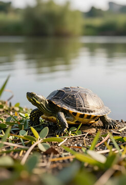 Small turtle with a patterned shell and yellow markings walking on the grassy bank of a calm lake, the reptile is positioned near the waters edge, surrounded by green foliage and brown earth
