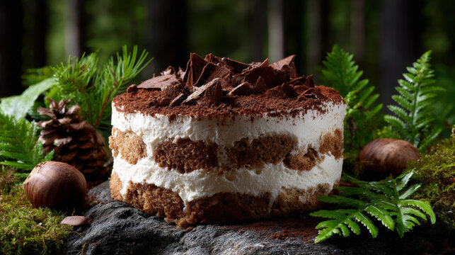 Delicious tiramisu dessert cake showcases rich chocolate and creamy mascarpone layers. Dusted with cocoa, indulgent pastry offers delightful coffee flavor. sweet treat nestled natural forest