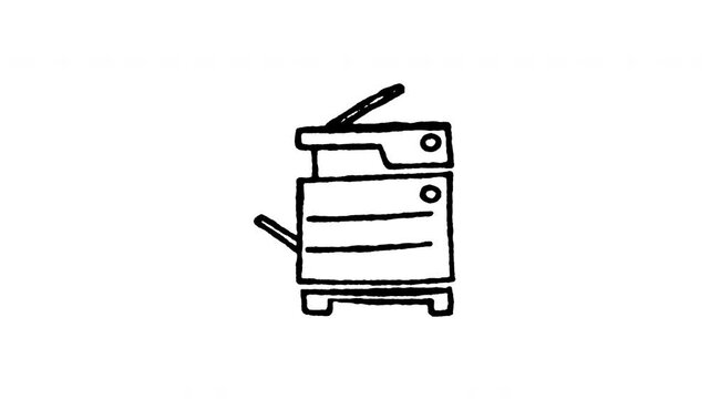 Animated 4K photocopier machine doodle icon with line boil action. Hand drawn line art on black and green screen backgrounds for office copier, print machine, document scan device edits.