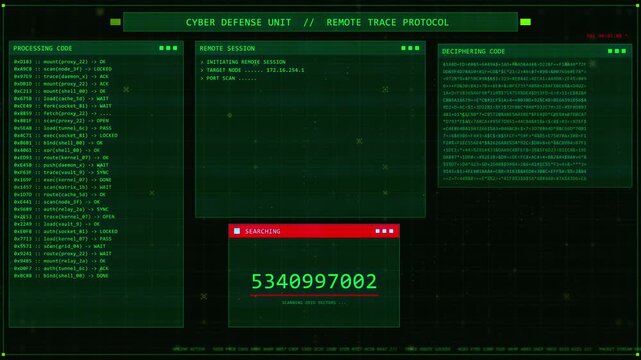 Cyber Security HUD Interface with Scrolling Code and Payload Download