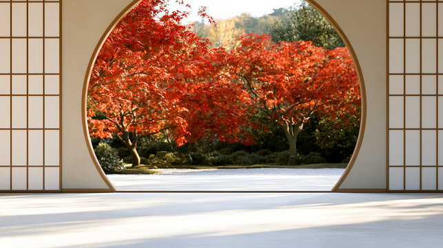 和室と丸窓から見える紅葉が美しく切り取られた秋の和風な景観